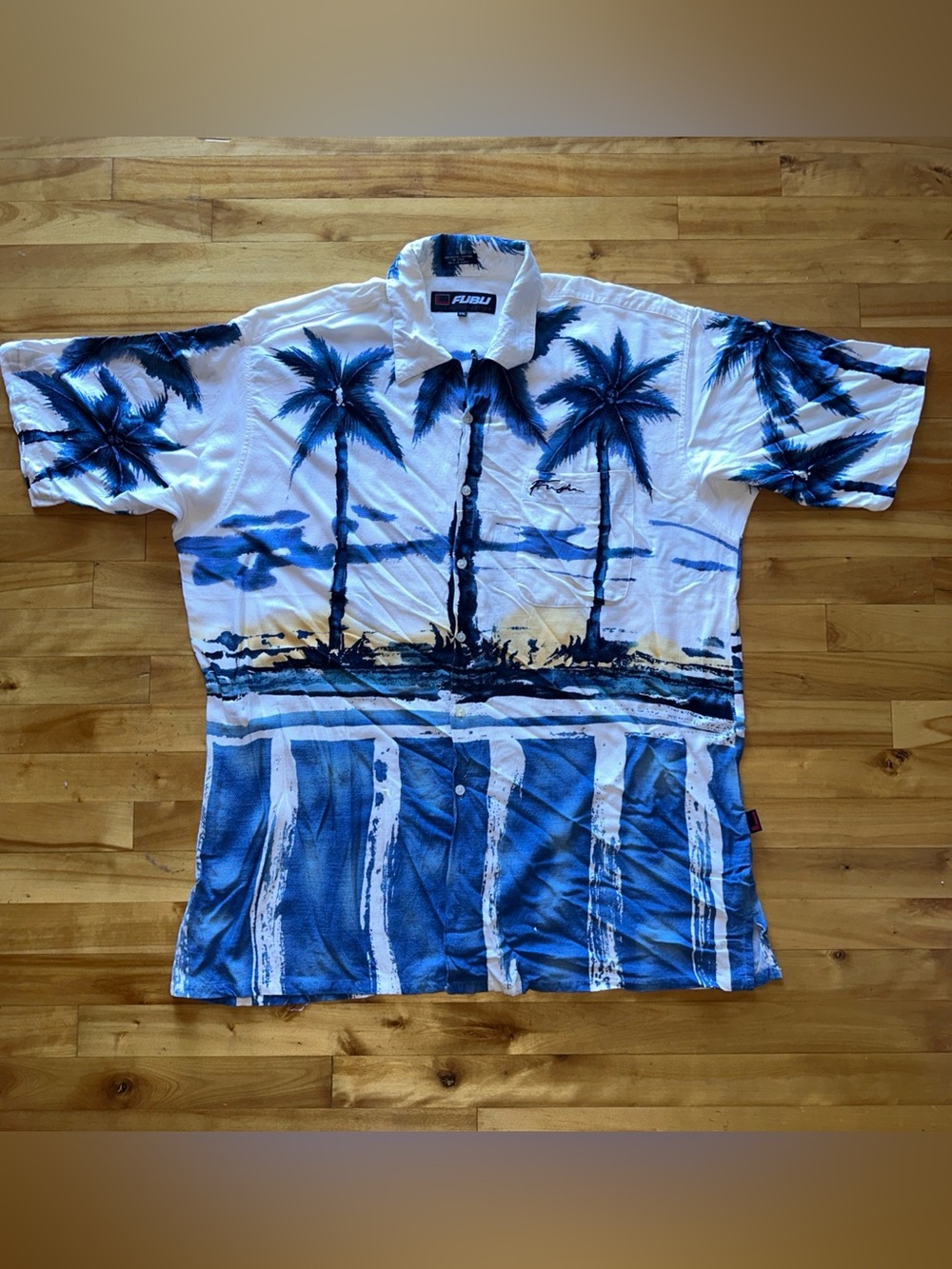 Vintage FUBU The Collection Mens XXL Palm Tree Hawaiian Shirt Rayon Hip Hop Y2K